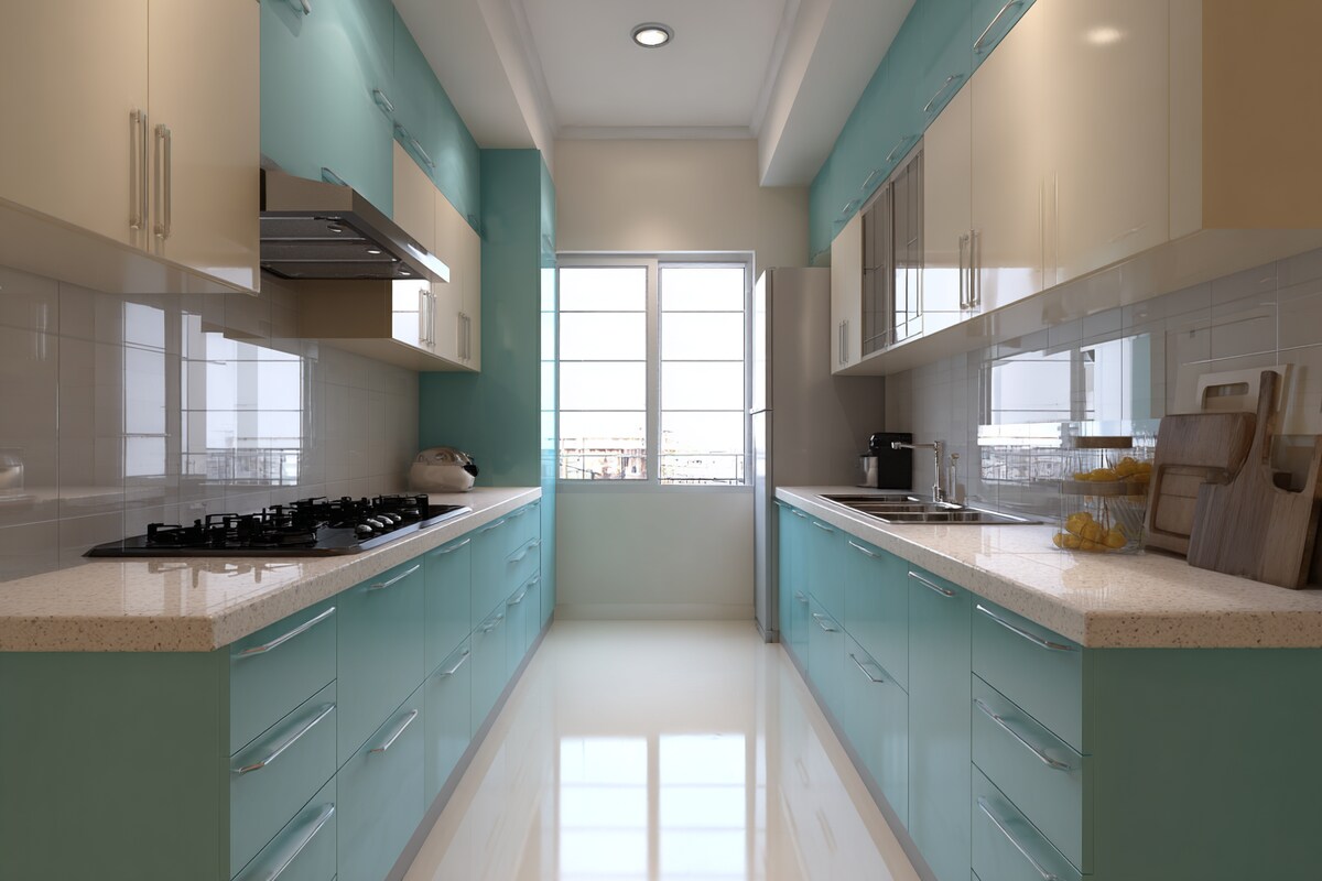 modern aqua blue and cream parallel kitchen design img